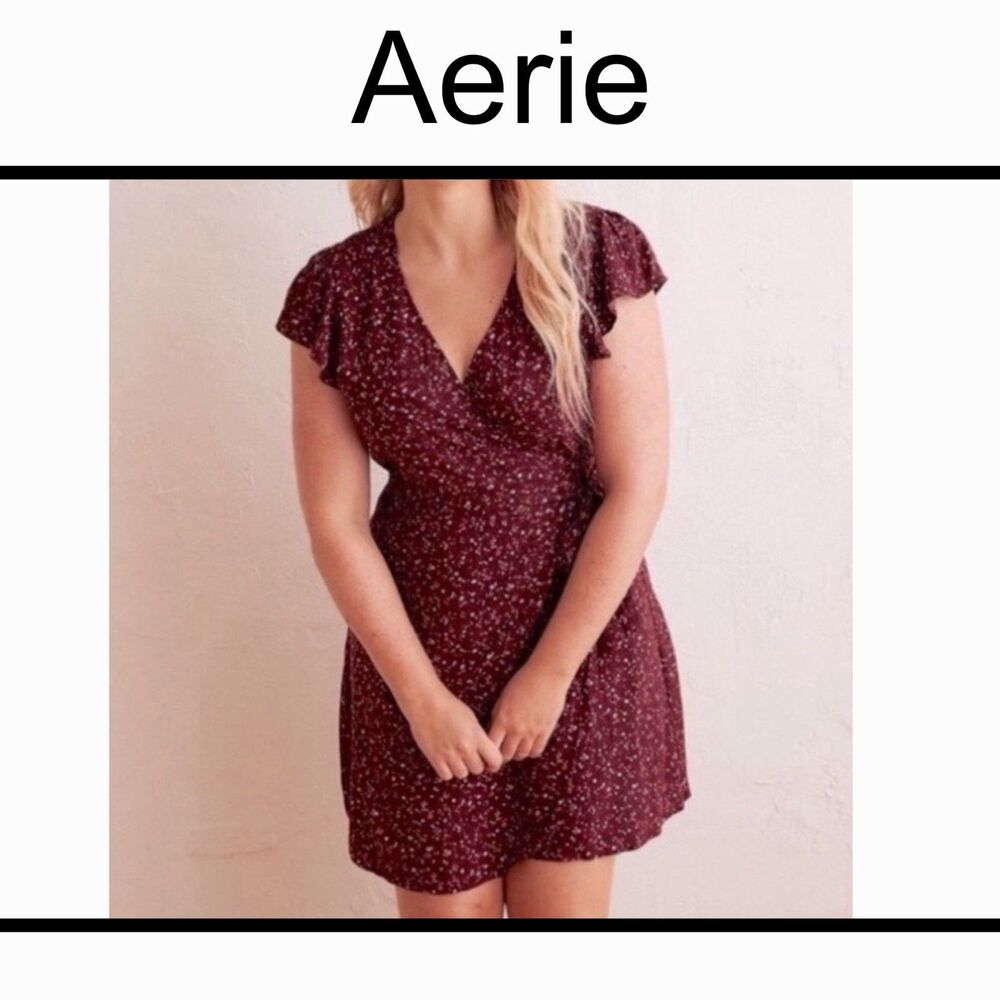 Aerie Burgundy Floral Wrap Mini Dress